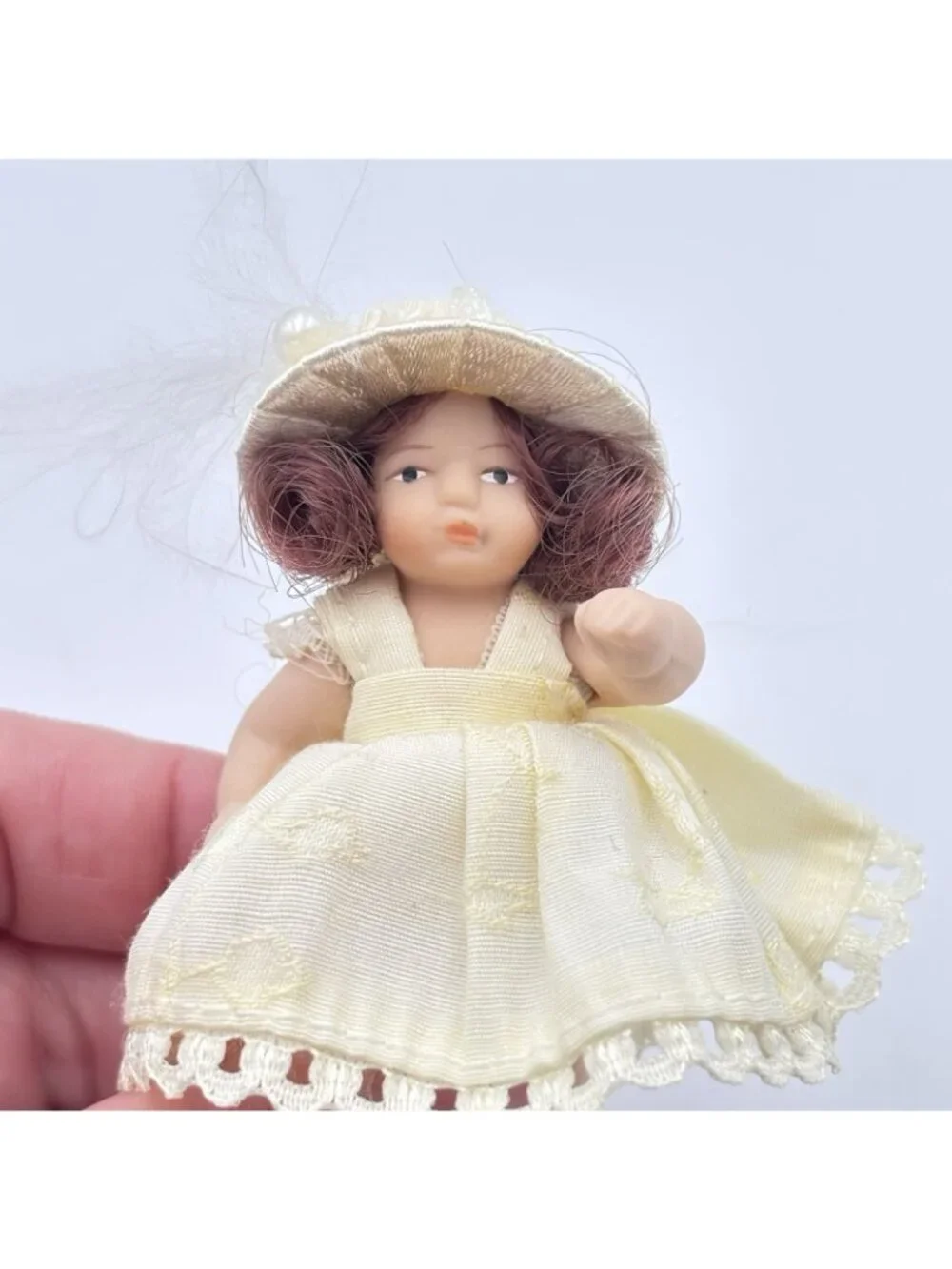 Miniature Porcelain Victorian Doll Christmas Ornament Cream Dress Beaded Hat 2”